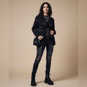 Vintage Whimsigoth Biker Jacket Embroidered Witchy Grunge Cotton Black Size 14